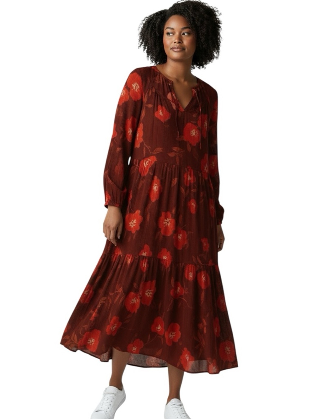 Cute Sonoma Gauzy Floral Dress. Vneck & Tie: Flowy Sz. 1X Maroon Orange Red